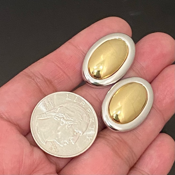 Vintage NAPIER 2-tone High Polished Metal Oval Cabochon Modernist Earrings 12g. - Picture 5 of 14